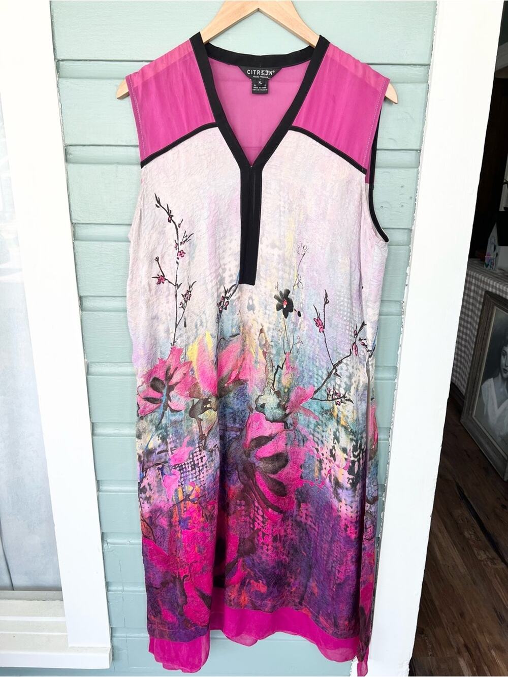 Citron vintage 100% silk tunic dress slip Asian inspired 90s friends size XL